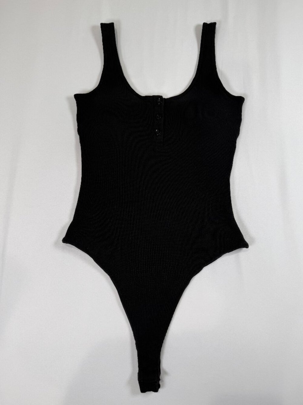 Klassy Network Black Henley Built-in Bra Thong Bodysuit Minimalist Women's M
